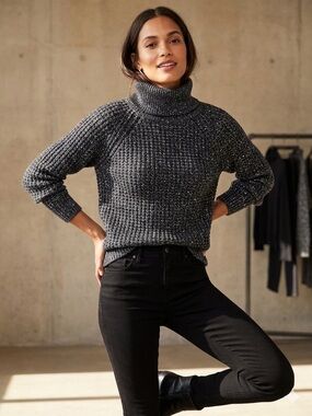 LOFT Gray Metallic Wool Blend Turtle‎ Neck Sweater Side Slits Size Medium
